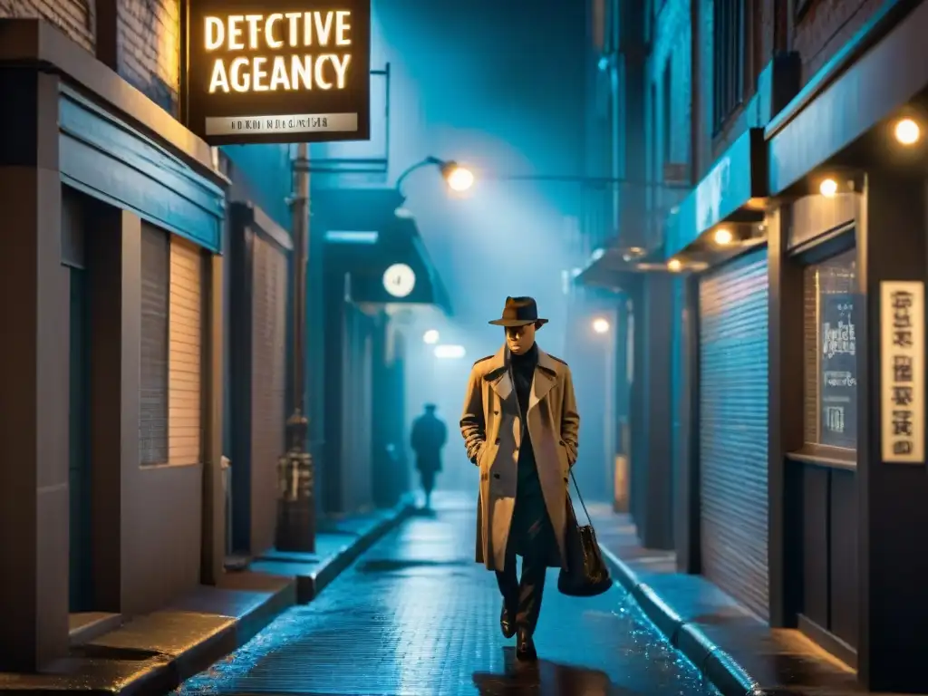 Alleyway en Melbourne, Australia, estilo Film Noir con figura bajo letrero 'Detective Agency'