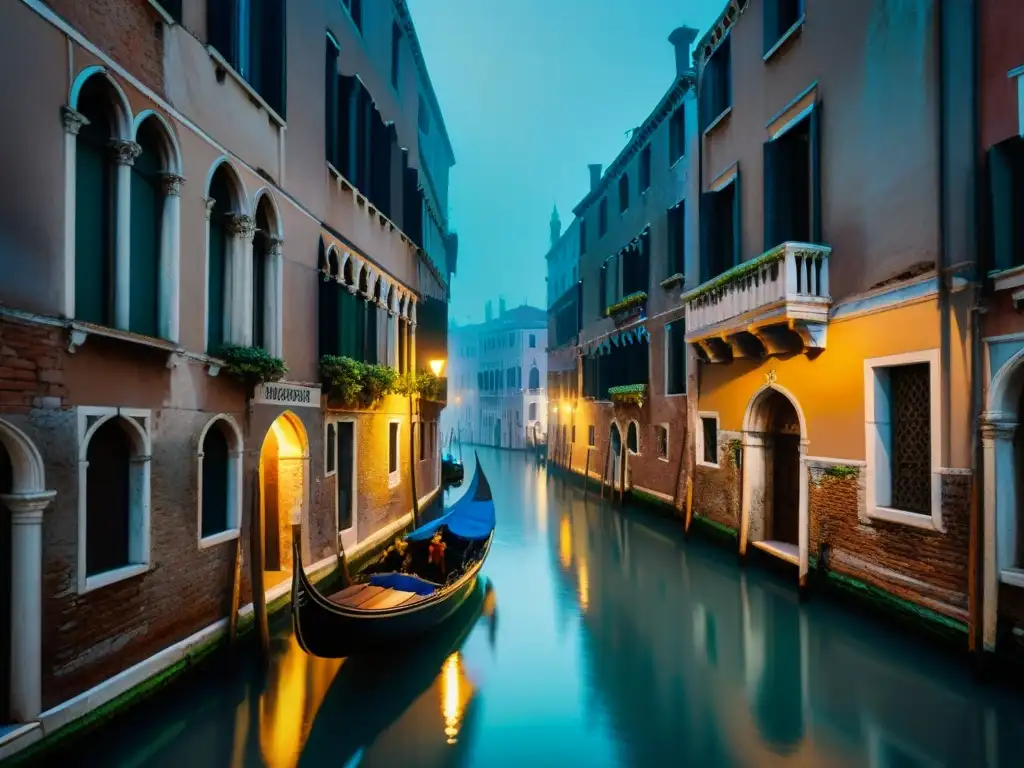 Alleyway en Venecia, iluminada por tenues luces, góndolas en el canal