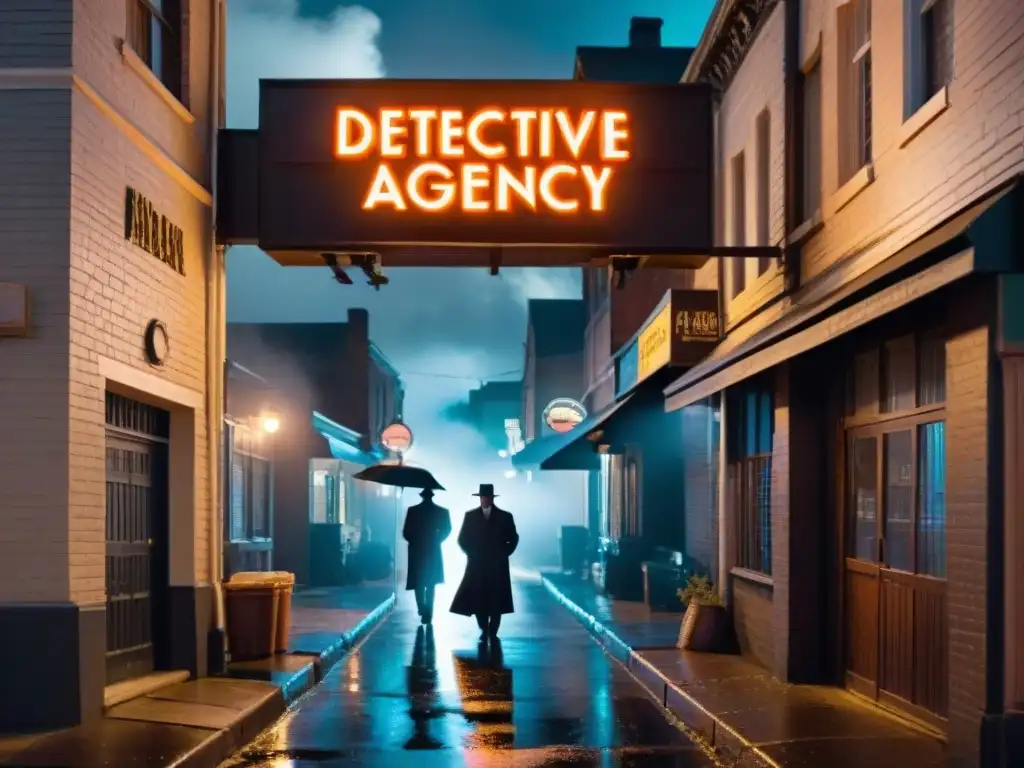 Alleyway lluvioso con figuras misteriosas y letrero de 'Detective Agency'; ideal para maratón de películas de detectives para Halloween