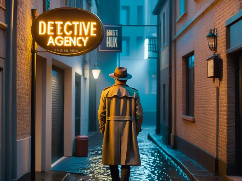 Noche de misterio en callejón con detective en la sombra Alleyway misterioso con lámpara de calle vintage y figura en la sombra bajo letrero de 'Detective Agency'