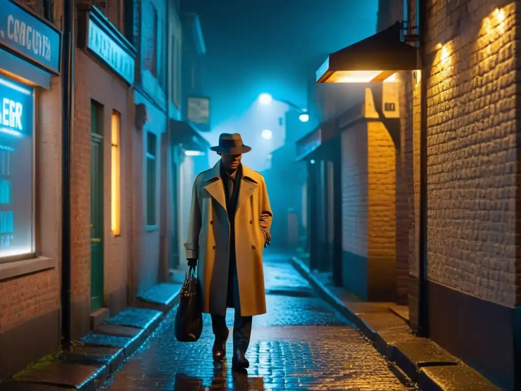 Alleyway de noche con figura misteriosa bajo luz de farola, evocando ética en investigaciones detectives cine