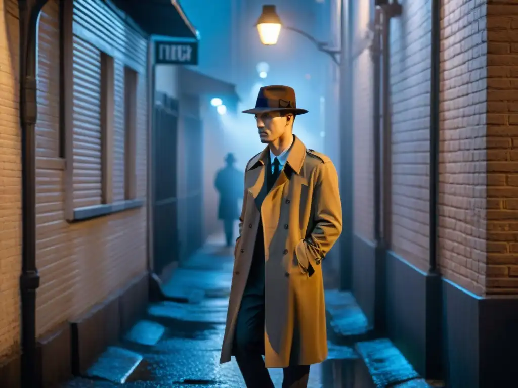 Alleyway nocturno con figura en trench coat y fedora, vigilada por cámaras de seguridad