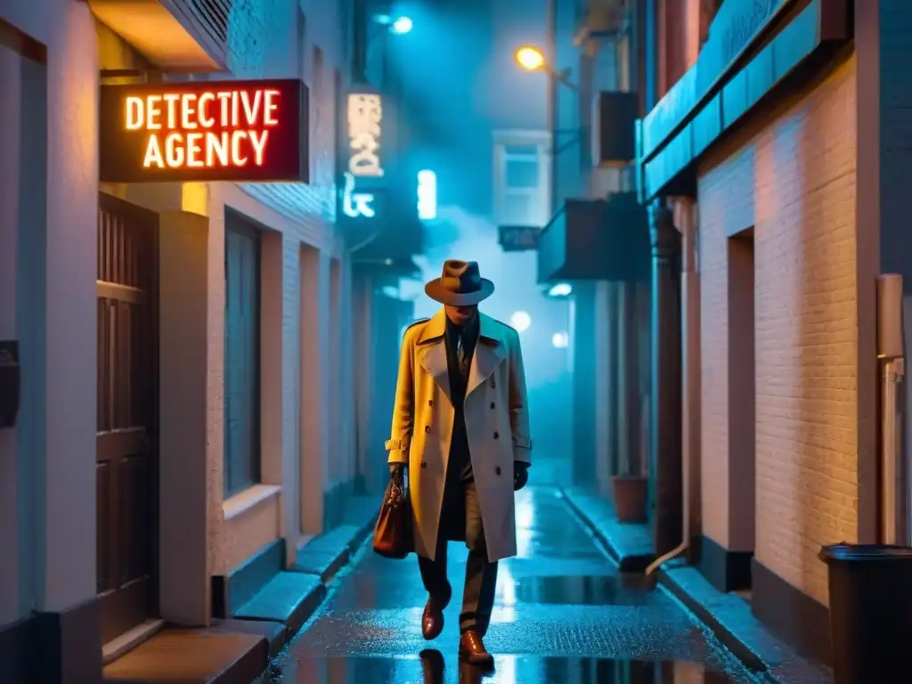 Alleyway nocturno con figura misteriosa emergiendo, iluminado por letrero 'Detective Agency'