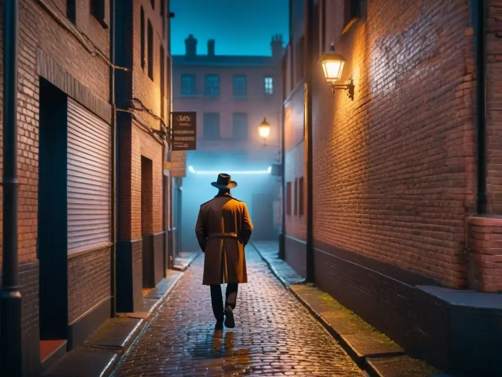 Alleyway nocturno con figuras misteriosas en sombras, iluminado por luz tenue de farola