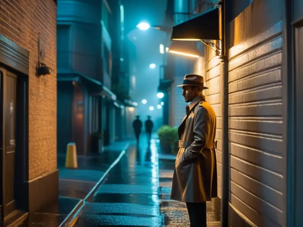 Alleyway nocturno, lluvia intensa con reflejos en el pavimento