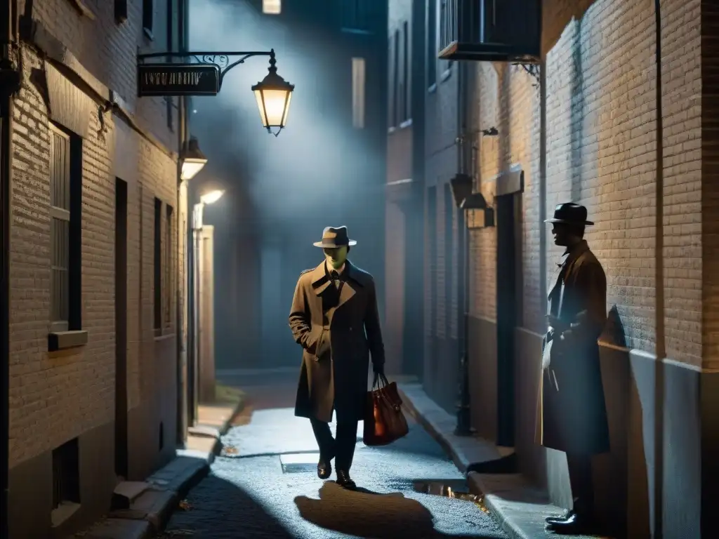 Escena misteriosa de Film Noir: intercambio clandestino en callejón sombrío Alleyway nocturno, sombras alargadas de figuras en gabardinas y fedoras en misterioso intercambio