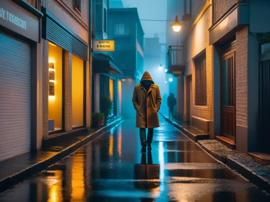 Alleyway en penumbra en una noche lluviosa con figuras misteriosas, reflejos de luces neón, creando una ambientación en género detectivesco