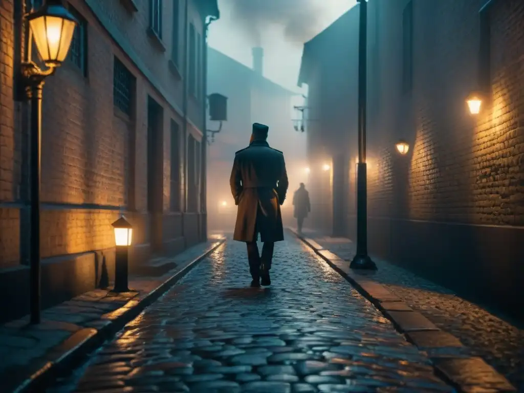 Alleyway sombrío iluminado por farola titilante, siluetas misteriosas en la penumbra, humo de alcantarilla