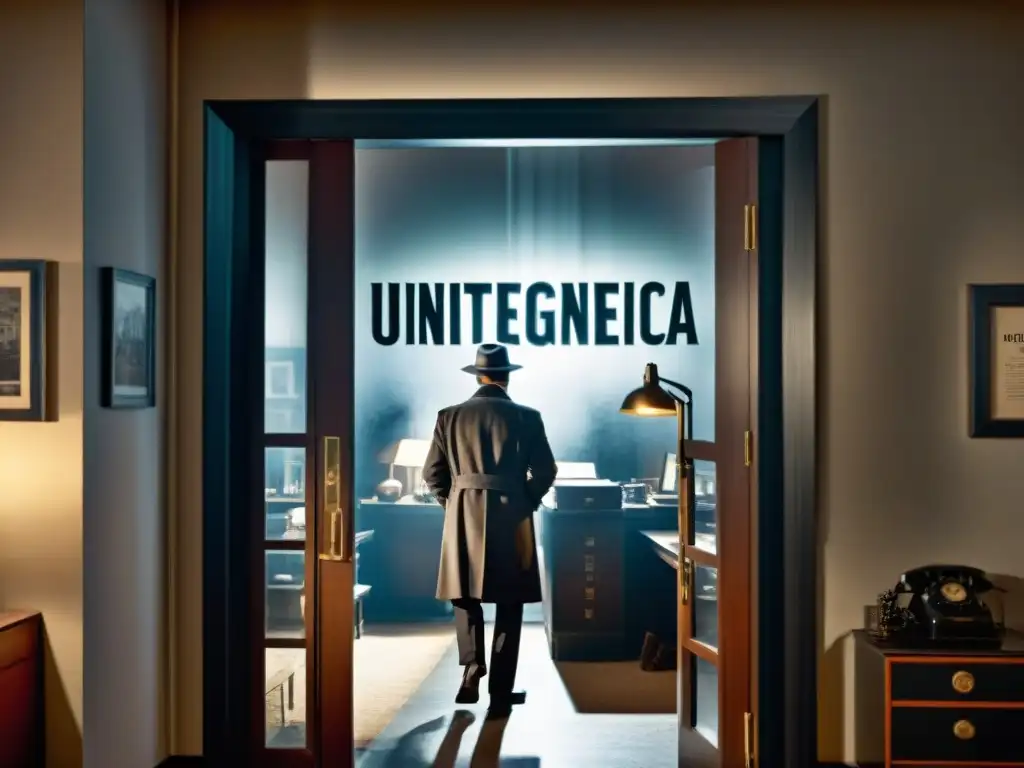 Un ambiente de agencia detectivesca con un misterioso personaje en silueta frente a una puerta de vidrio con 'Unidades de inteligencia en ficción'