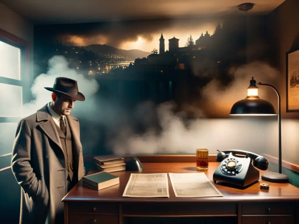 Ambiente enigmático de oficina de detective con archivos, whisky y sombrero, evocando la evolución del género detectivesco en medios