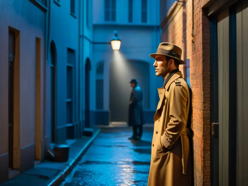 Ambiente de misterio en un callejón lluvioso, con figura en sombras