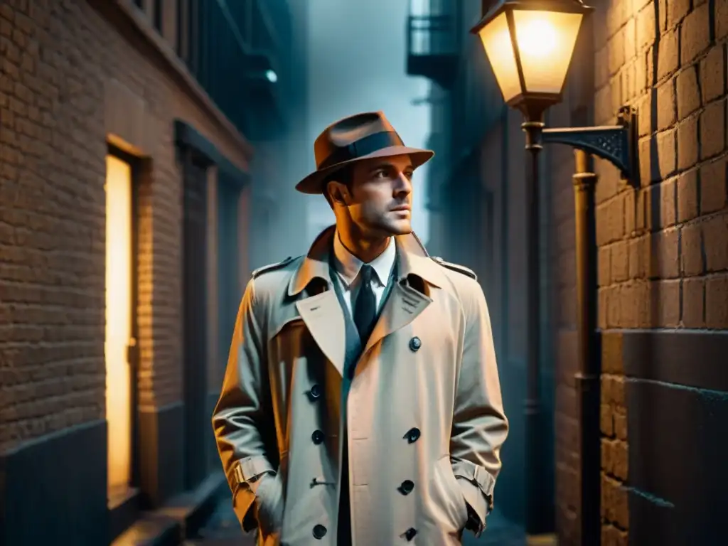 Ambiente de misterio en detectives: un oscuro callejón nocturno estilo cine negro con un detective solitario bajo la luz de una lámpara