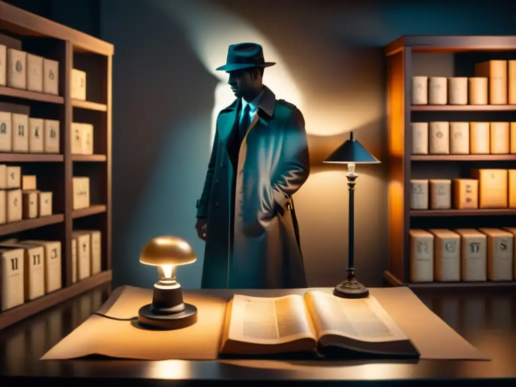 Escena misteriosa con cajas enigmáticas y sombra detectivesca Un ambiente misterioso con cajas de suscripción detectives, símbolos en cajas, lupa sobre pergamino rasgado y silueta de detective