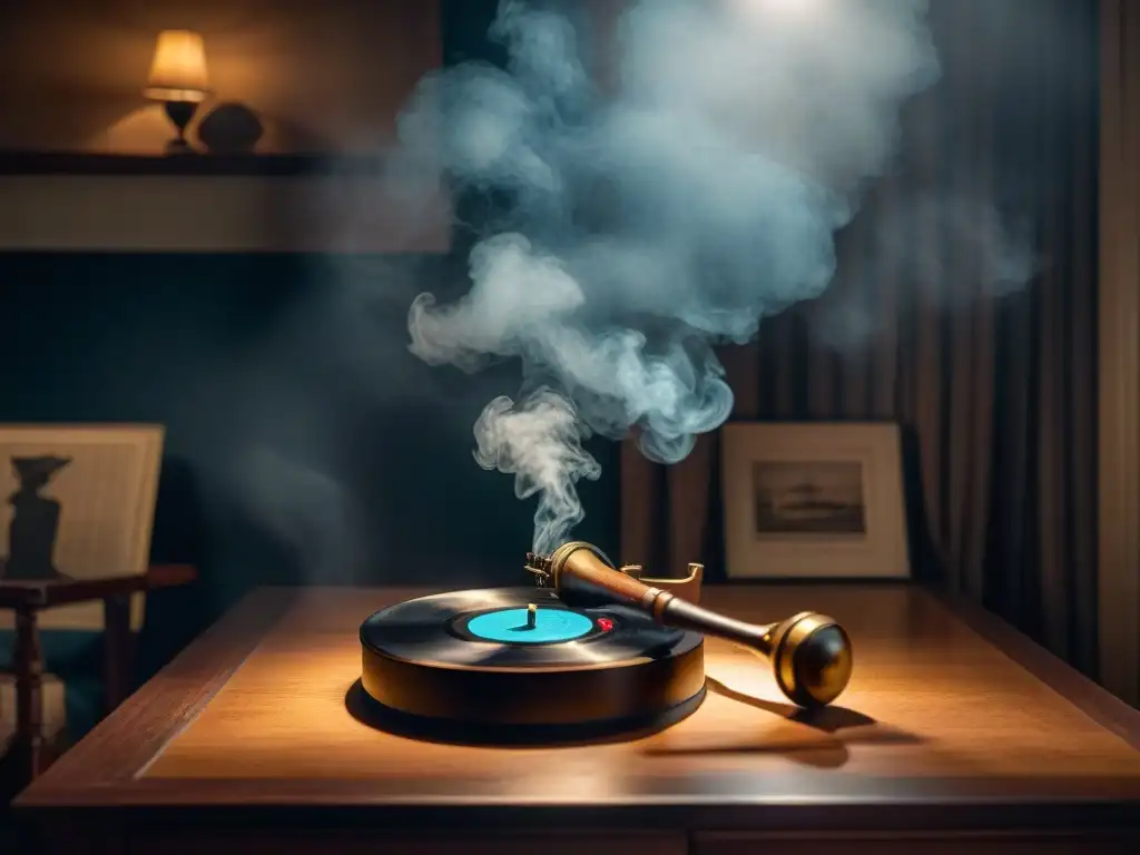 Ambiente misterioso con gramófono y vinilo, inspirado en Sherlock Holmes