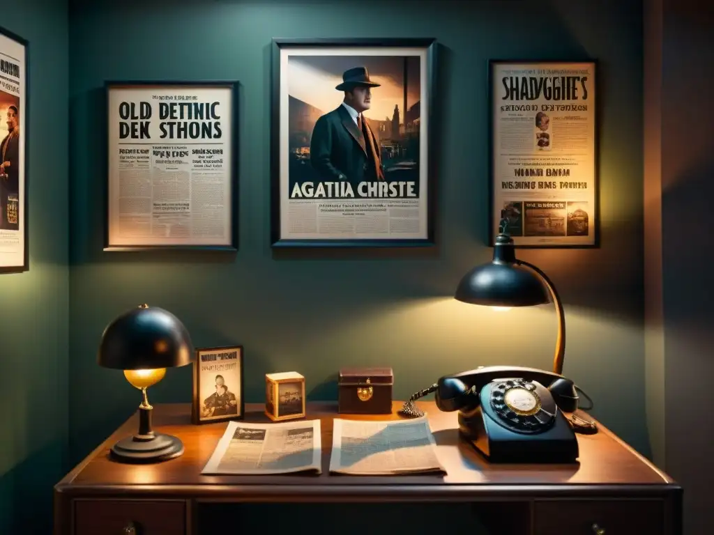 Ambiente misterioso de una habitación sombría con el escritorio de un detective y pósters de adaptaciones Agatha Christie