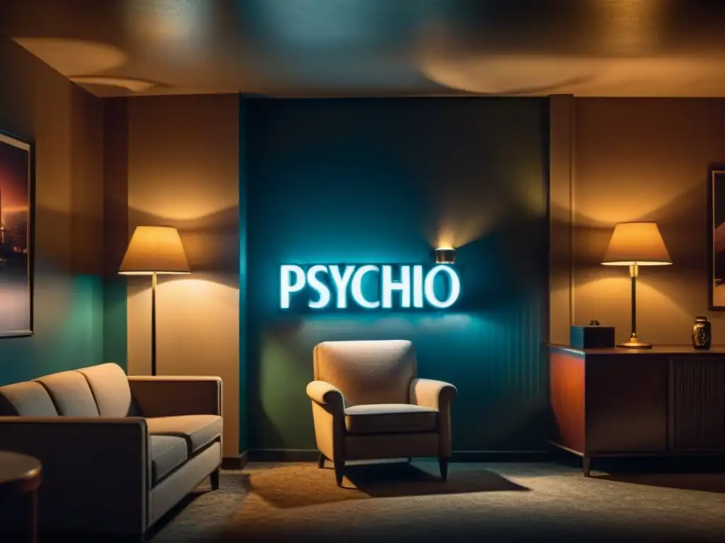 Un ambiente misterioso en un motel con sombras largas, una figura en silueta y pósters de 'Psycho' y 'Bates Motel'