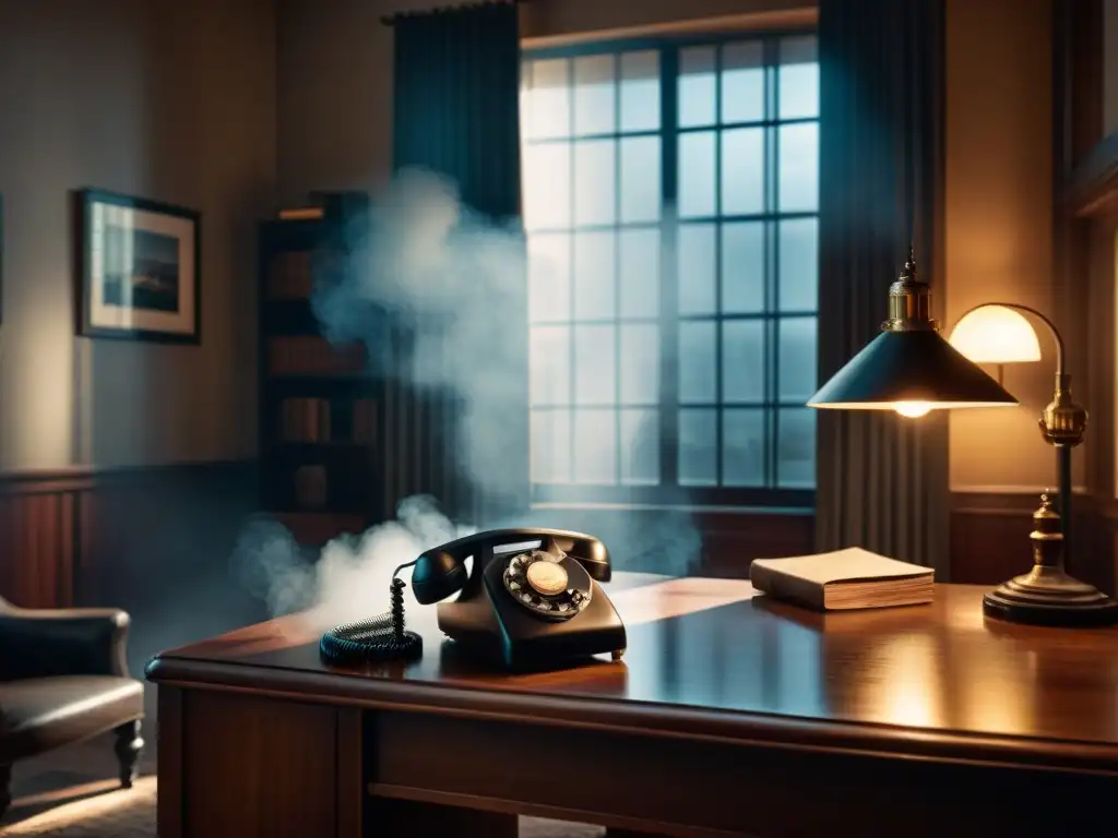 Escena de cine noir: detective en oficina sombría Un ambiente de película detectivesca en Peacock con un detective misterioso junto a la ventana, sombras y humo de cigarrillo