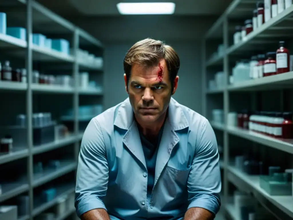 Dexter realizando un análisis en su laboratorio forense, rodeado de herramientas y patrones de salpicaduras de sangre