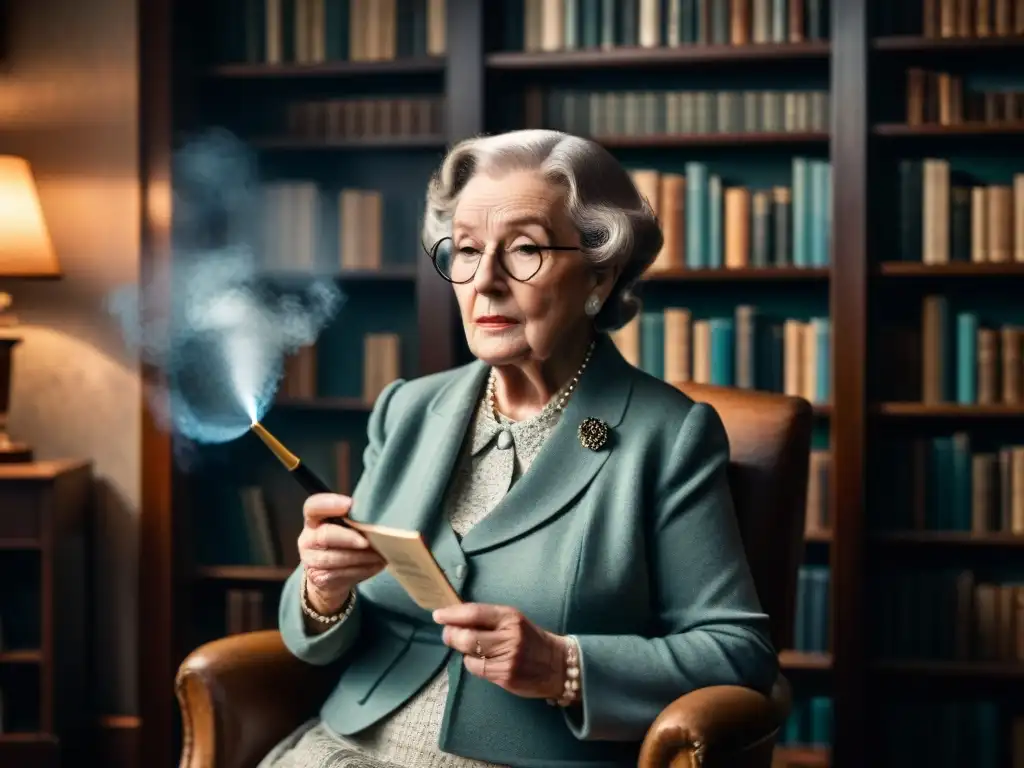 Una anciana sofisticada como Miss Marple analiza pistas con lupa en una habitación sombría llena de novelas detectivescas, atmósfera de cine noir