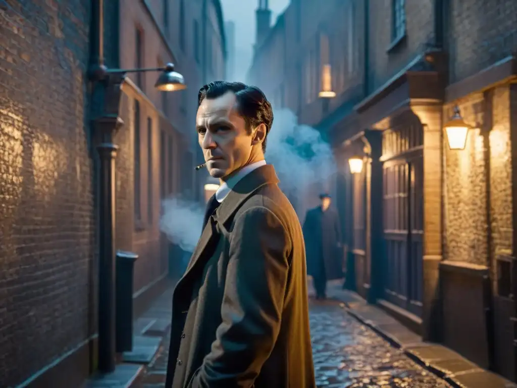 Antagonistas más fascinantes series detectives: Moriarty y Sherlock se enfrentan en un callejón sombrío, iluminados por luces de neón