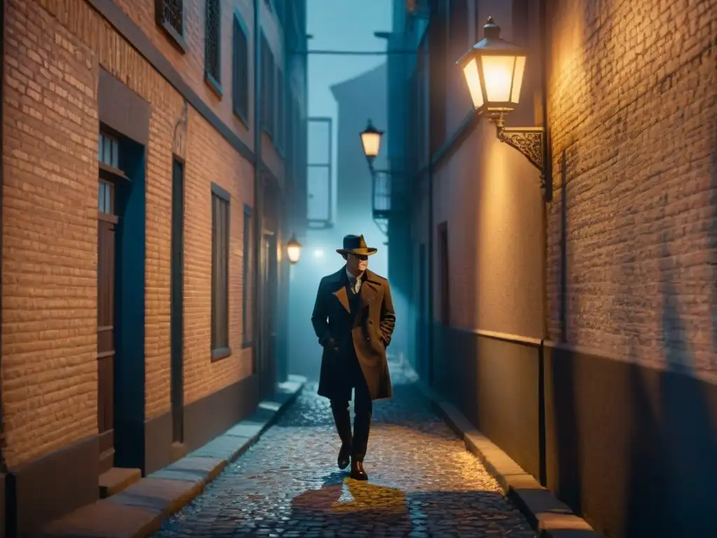 Una antigua cámara fotográfica en cine noir descansa en un desolado callejón nocturno, iluminado por la tenue luz de una farola parpadeante