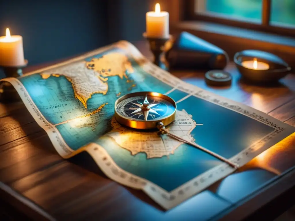 Un antiguo mapa en una mesa iluminada por una vela, con un compás y símbolos misteriosos