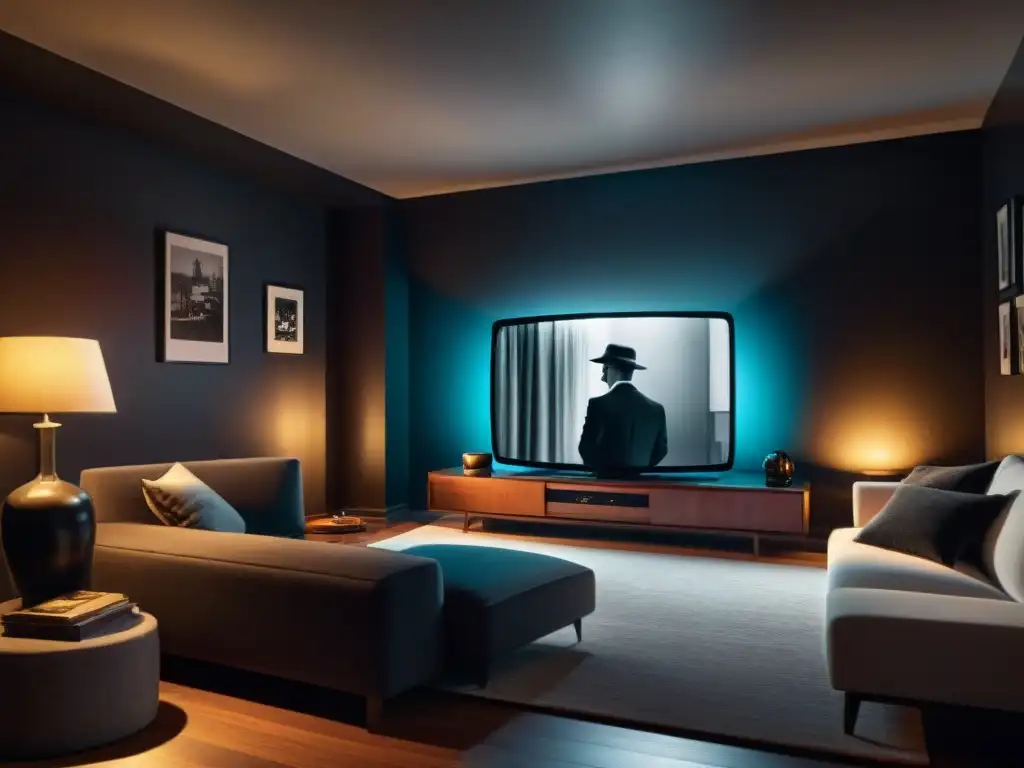 'Atmósfera de Cine Noir en casa: Sala sombría con TV antigua en blanco y negro, persona viendo película en sofá