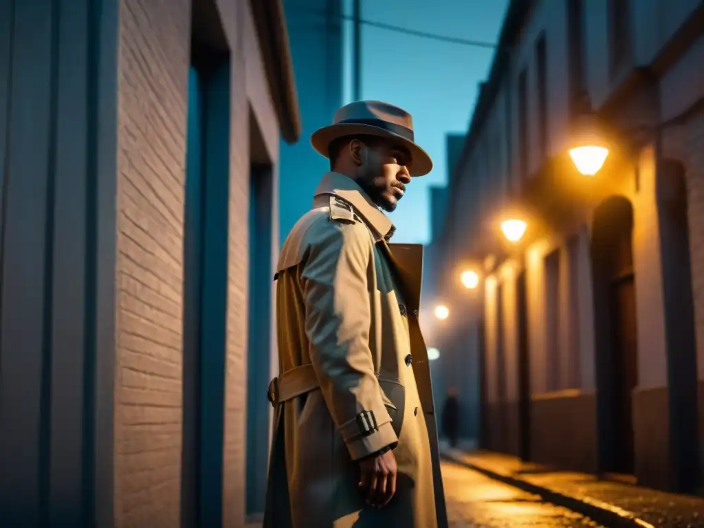 En la atmósfera del cine noir moderno, una figura solitaria bajo la luz de la calle