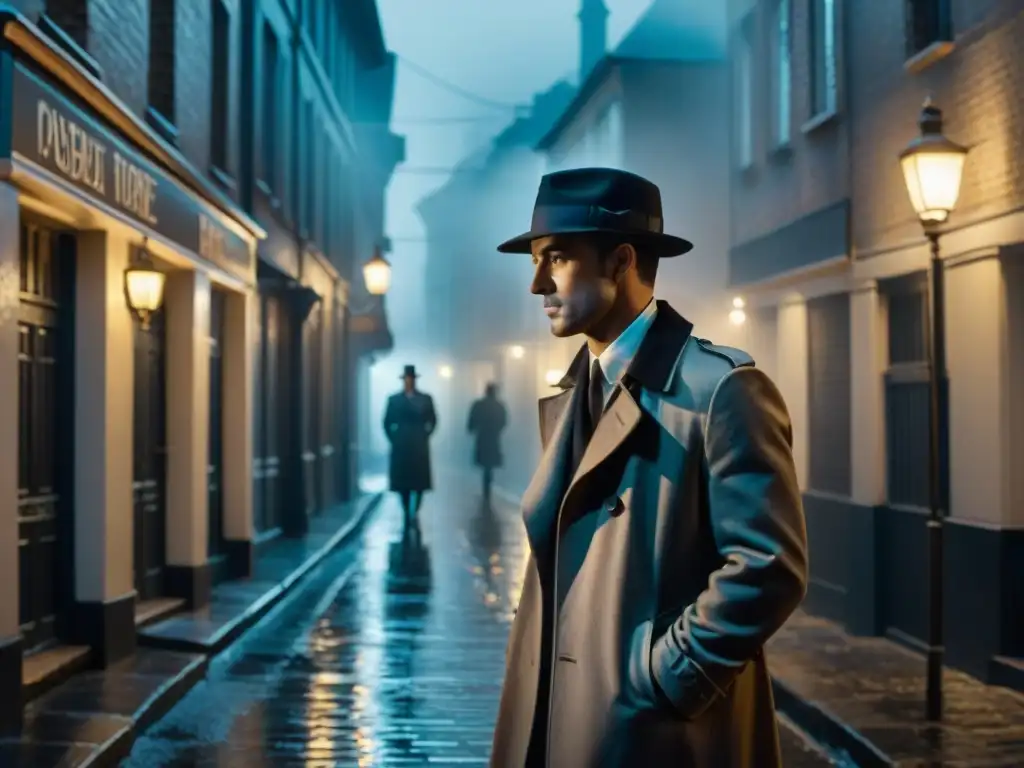 Atmósfera de cine negro: detective con sombrero y gabardina, iluminado por farola