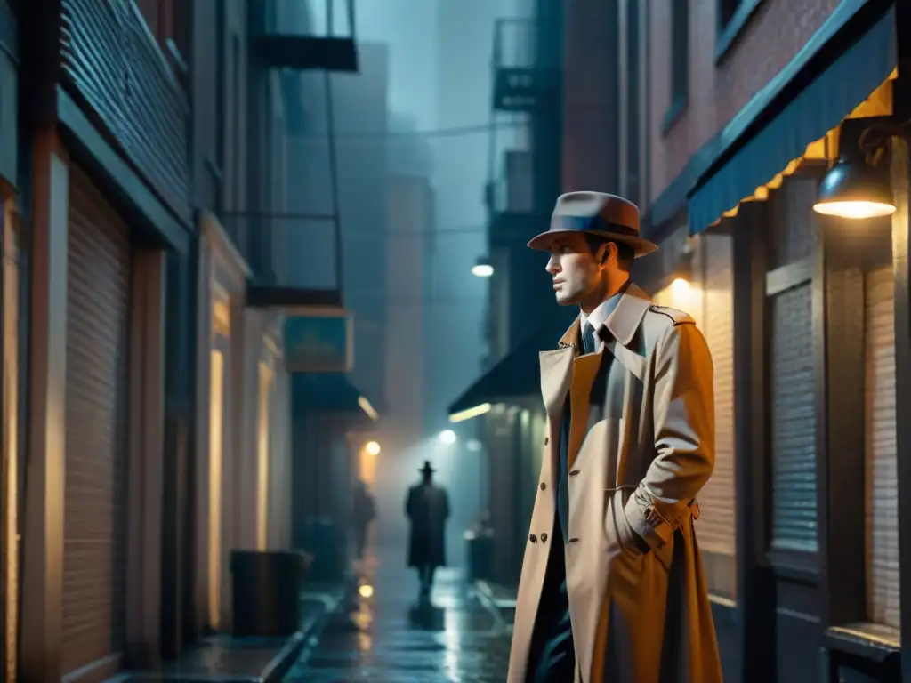 Atmósfera de cine noir: figura solitaria bajo la lluvia en un callejón, iluminada por una farola parpadeante