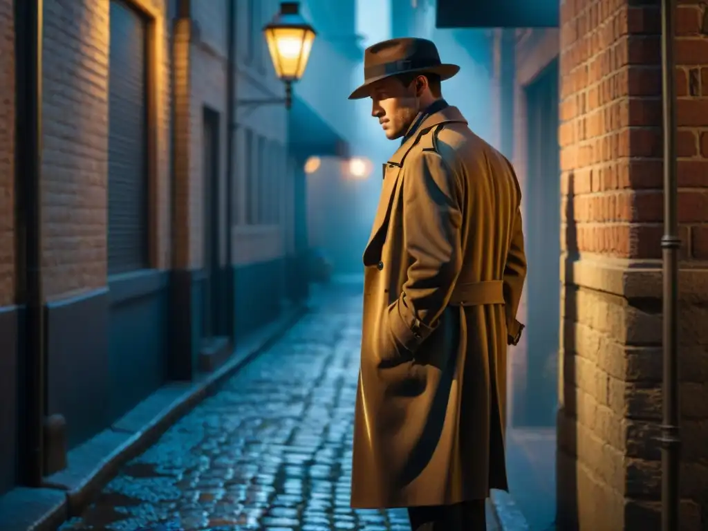 Intrigante escena de cine negro en callejón oscuro Atmósfera de crímenes en una calle oscura iluminada por una lámpara vintage, con un misterioso personaje en la penumbra