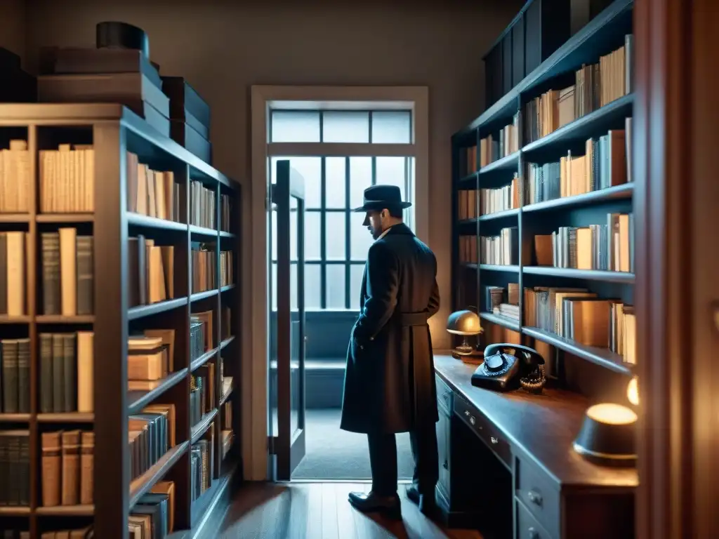 Atmósfera de película noir: oficina de detective con libros polvorientos, teléfono vintage, lámpara y figura misteriosa en la puerta de vidrio