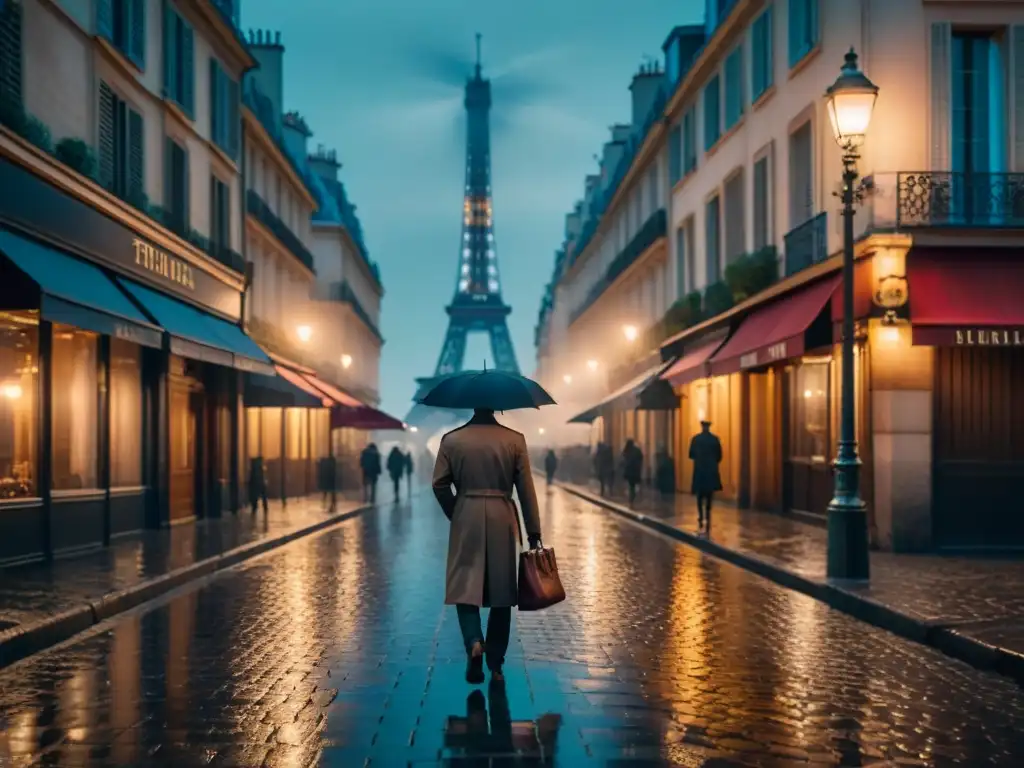 Atmósfera de Film Noir en un callejón parisino lluvioso con detective bajo farola, Torre Eiffel al fondo; evolución del género detective en Francia