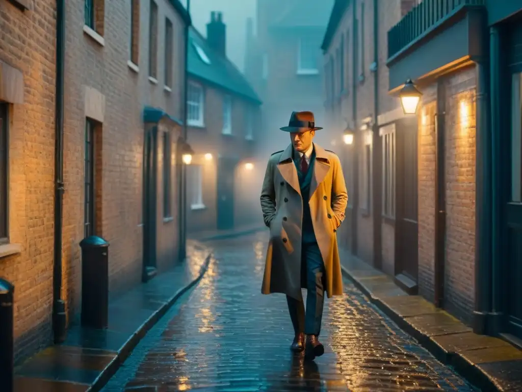 Atmósfera de misterio británico en un callejón de Londres iluminado por una farola titilante