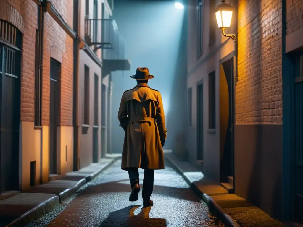 Atmósfera de misterio en un callejón nocturno iluminado por una farola, donde un detective observa a un sospechoso