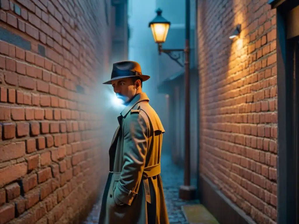 Atmósfera de misterio en un callejón nocturno iluminado por una farola, figura en sombra fumando