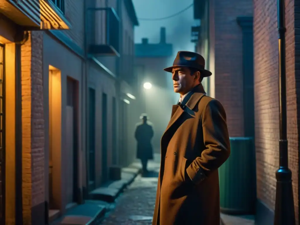 Atmósfera de misterio en un callejón oscuro por la noche, con un detective al estilo de Philip Marlowe