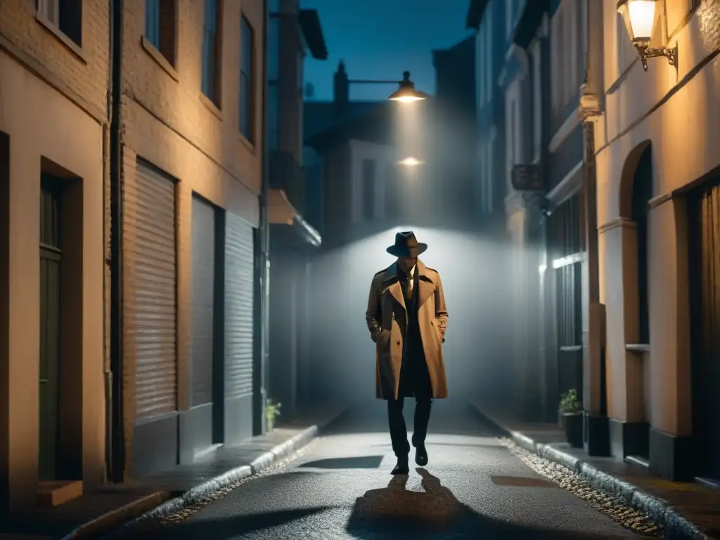 Atmósfera de misterio en un callejón oscuro de noche, con un solitario detective bajo la luz de la calle, en blanco y negro