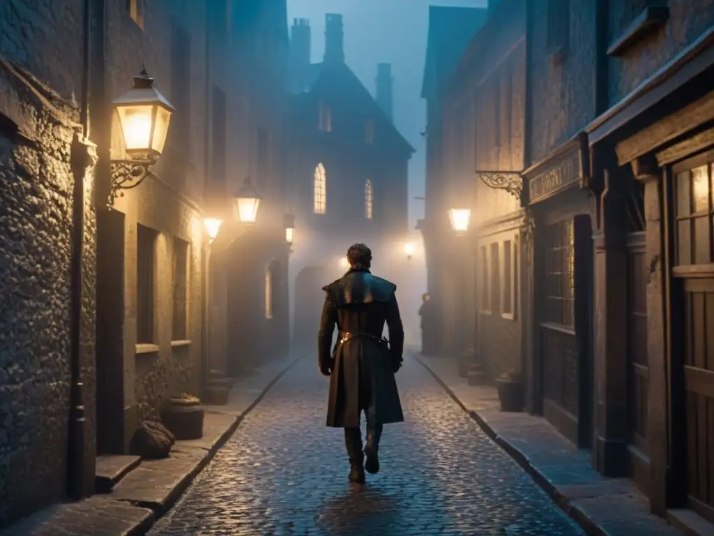 Atmósfera de misterio en un callejón oscuro estilo noir con sombras y figuras misteriosas