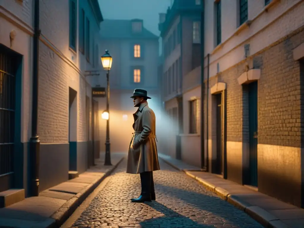 Atmósfera de misterio en un callejón oscuro: figura misteriosa, coche vintage, sombras alargadas