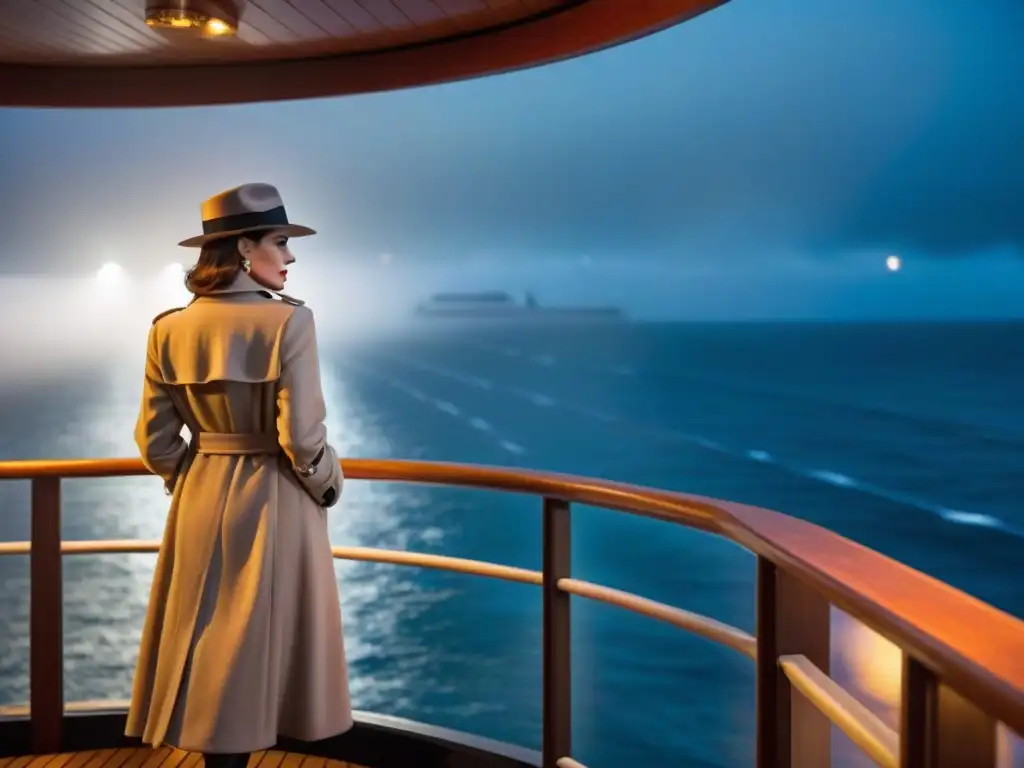 Crucero nocturno de misterio: detectives y femme fatale en la niebla Atmósfera de misterio en crucero temático de crimen: detective y femme fatale en cubierta iluminada por una sola luz