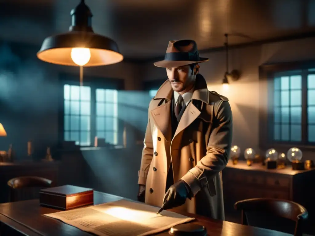 Atmósfera de misterio en una habitación ahumada, con un detective examinando pistas bajo una luz tenue