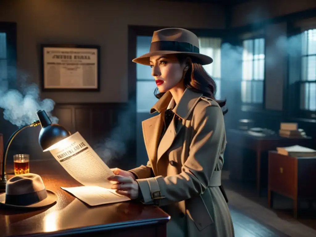 Atmósfera de misterio y romance en historias de detectives: detective en la penumbra con una femme fatale seductora