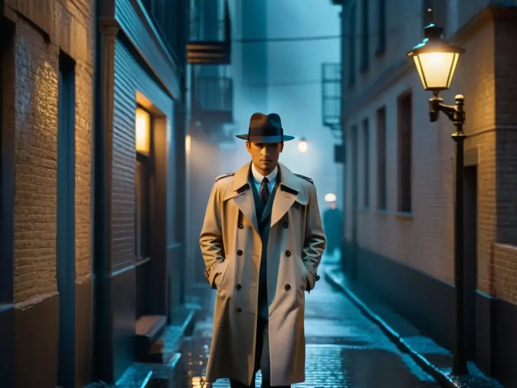 Atmósfera de misterio y suspense en un callejón lluvioso, con un detective bajo la luz de una farola