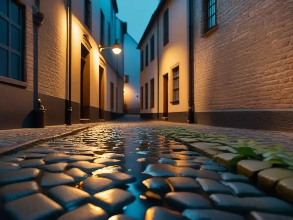 Atmósfera de suspense en un callejón oscuro de noche, con una lámpara de calle vintage iluminando las misteriosas sombras