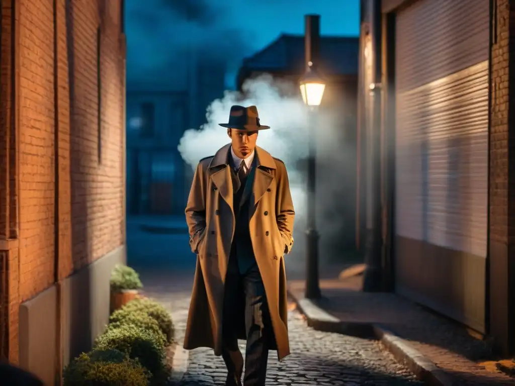 Atmósfera de suspense en un callejón oscuro iluminado por una farola titilante