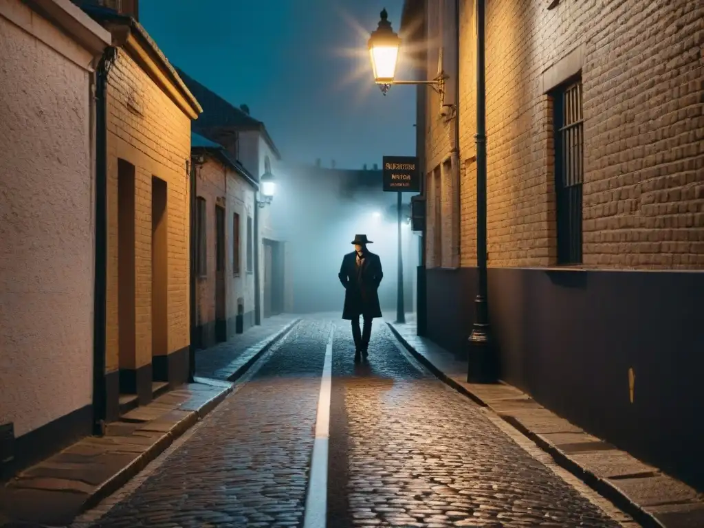 Atmósfera de suspenso en un callejón oscuro con una figura solitaria bajo una farola titilante, su rostro oculto por un sombrero