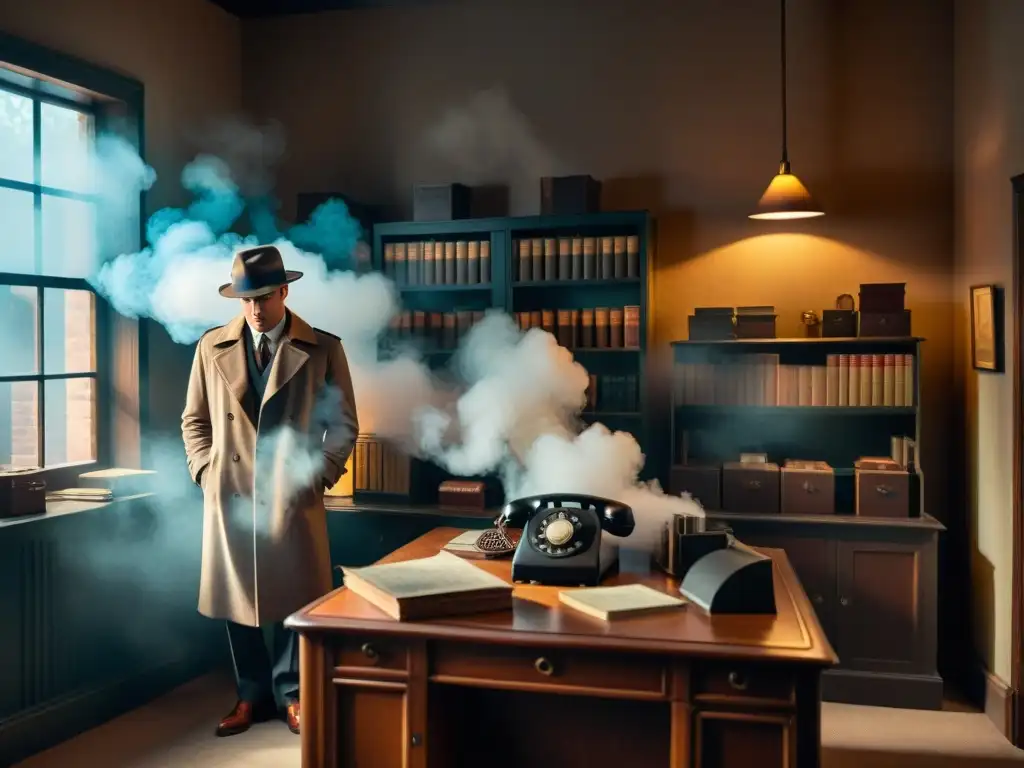 Oficina de detective enigmática: sombras y misterio Atmósfera de suspenso en la oficina de un detective, con cajas de suscripción misterio detectives