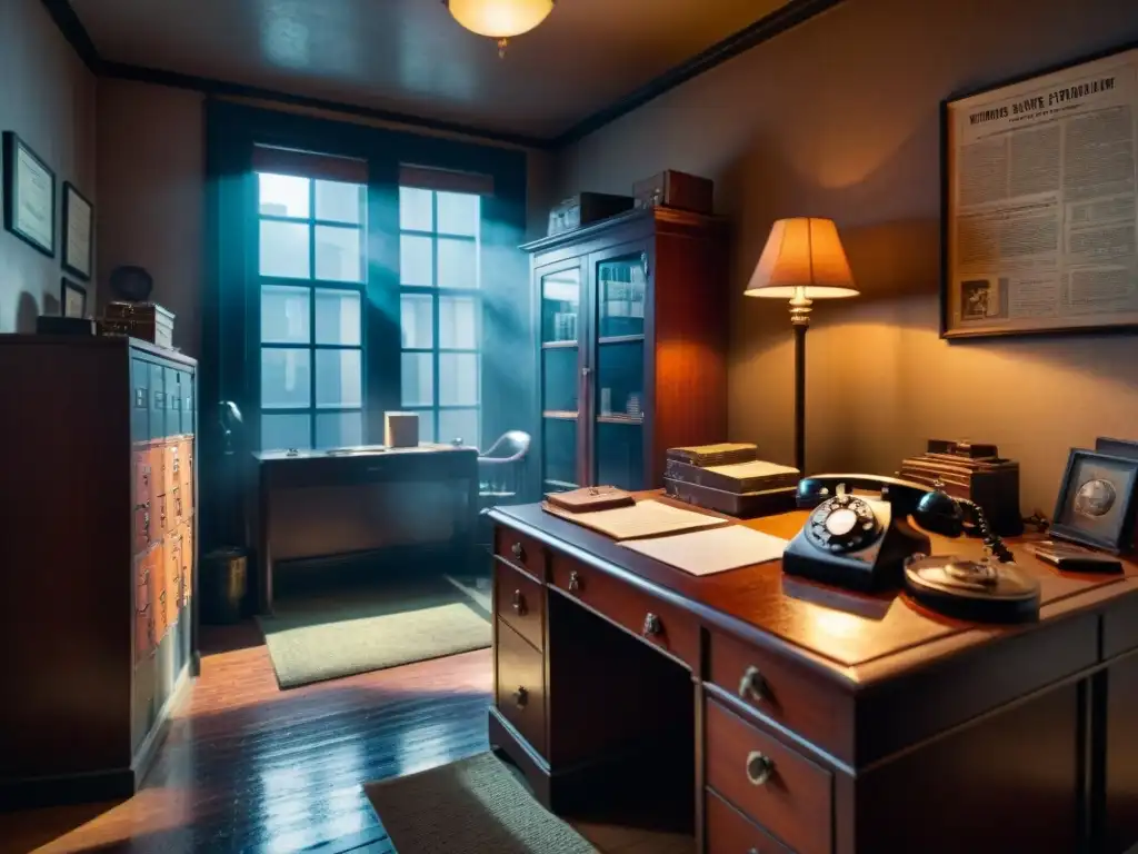 Atmósfera de suspenso en una oficina de detective con técnicas de resolución de misterios