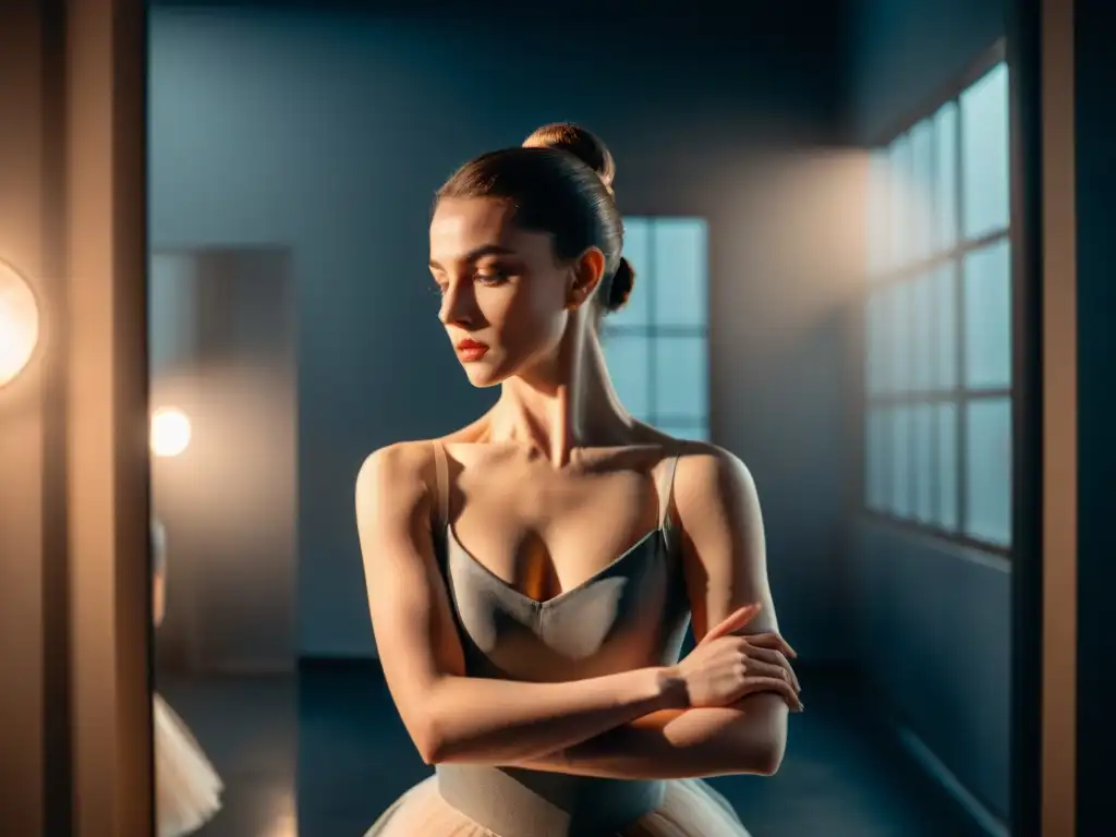 Una ballerina en un estudio oscuro practicando movimientos de ballet, reflejando dualidad y obsesión